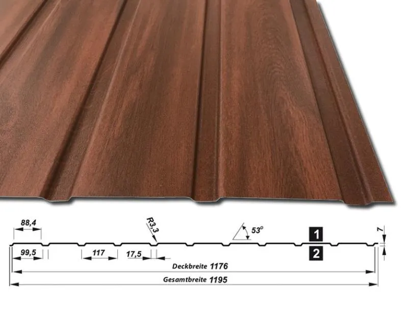 Wandblech T-7W Holzoptik - Nussbraun - 35 µm Mattpolyester - mit Querschnitt